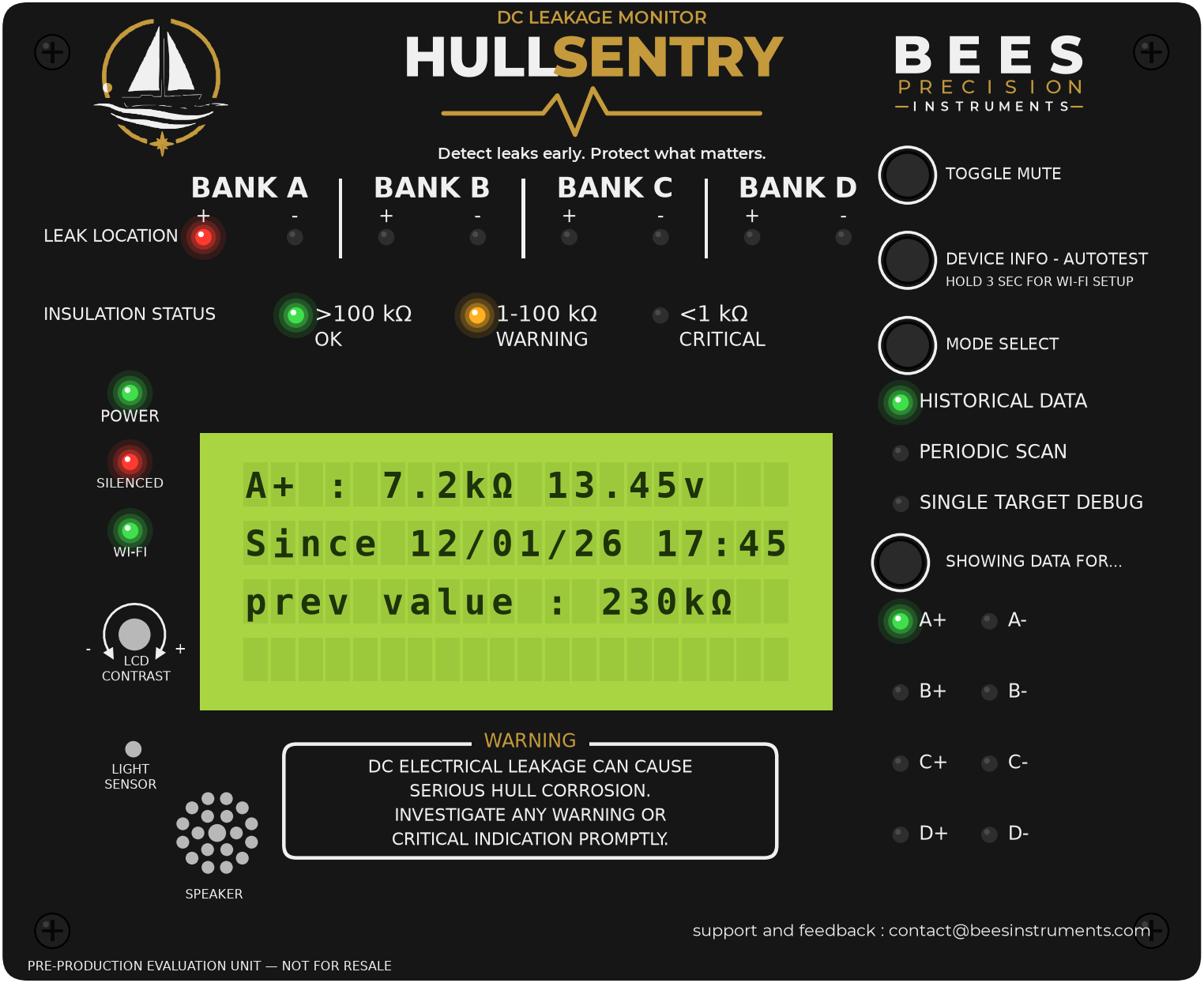 Front view of the HullSentry facia: leak-location lights for banks A to D, insulation status lights, and an LCD showing a live reading for terminal A+.